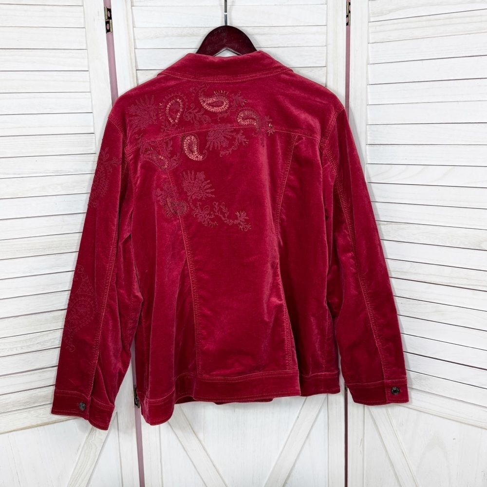 Chicos Boho Jacket Women XL 3 Red Velour Paisley Embroidered Beaded‎ Trucker - Picture 10 of 14